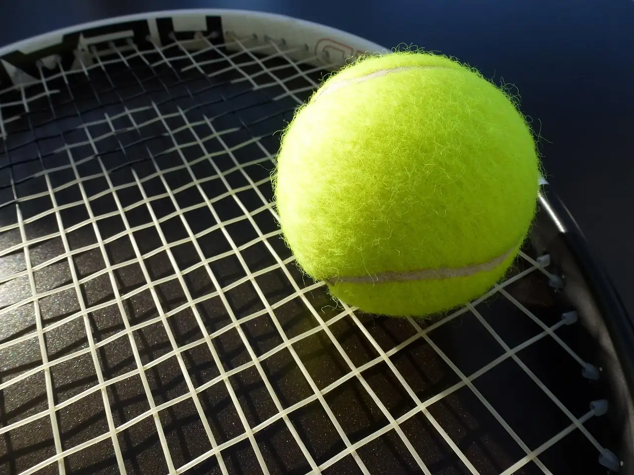 A green tennis ball resting on top of a tennis racquet at a Tampa outdoor court