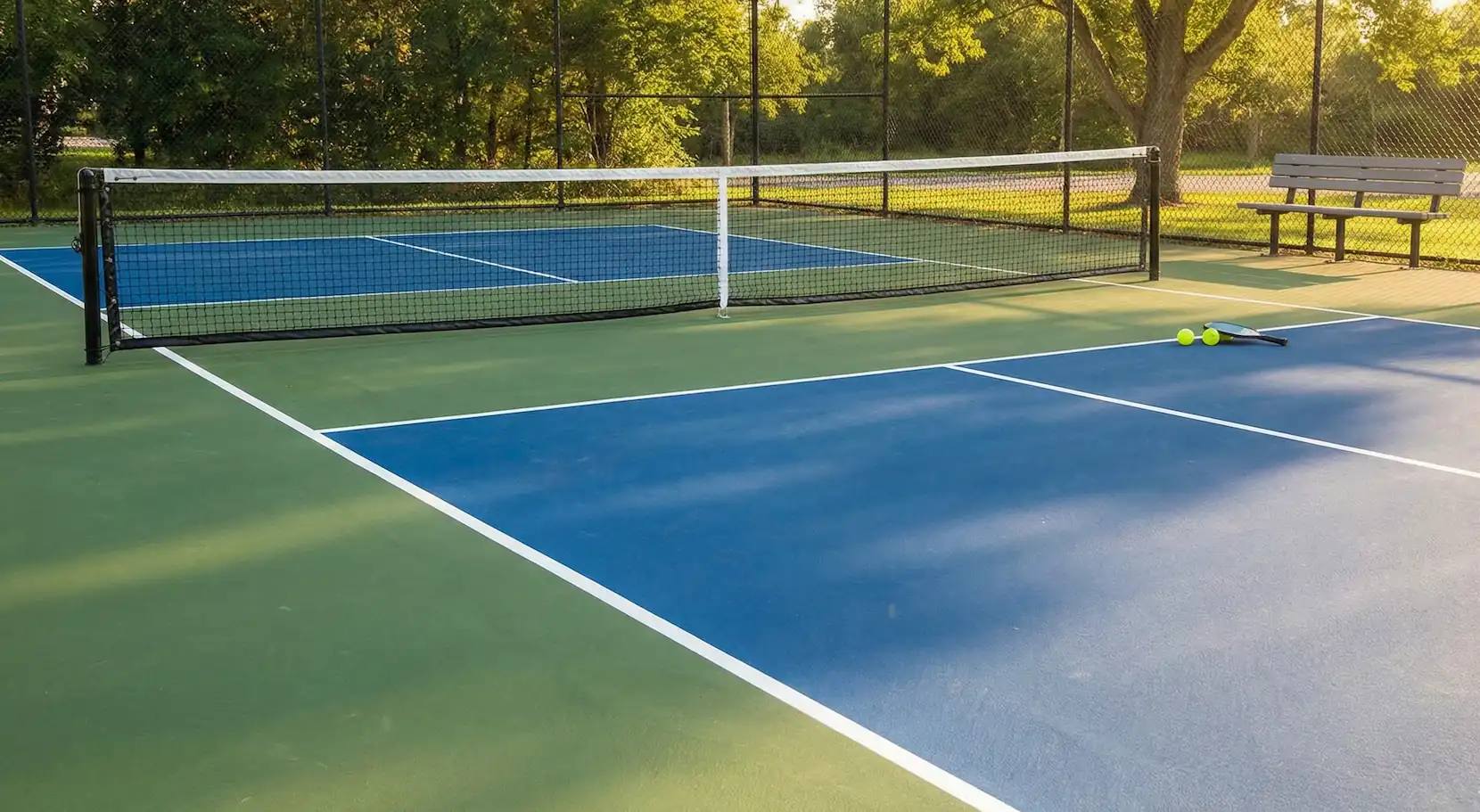 A public pickleball court in Miami with freshly painted lines ready for play