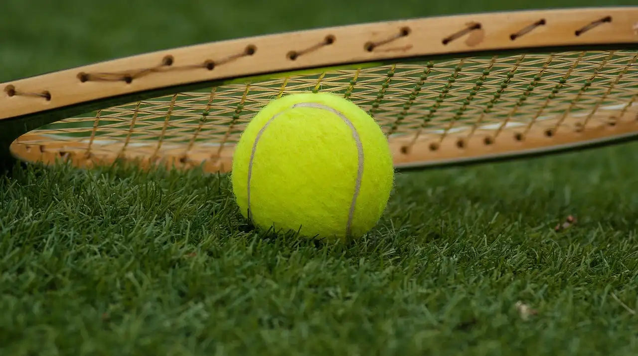 A tennis ball resting on a grass court surface next to a tennis racquet in Tampa